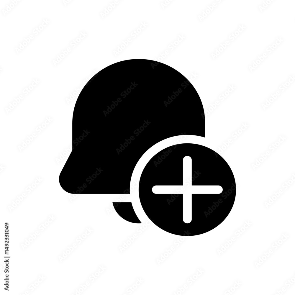 Poster silhouette of a head profile with a plus sign inside a circle indicating add user functionality icon