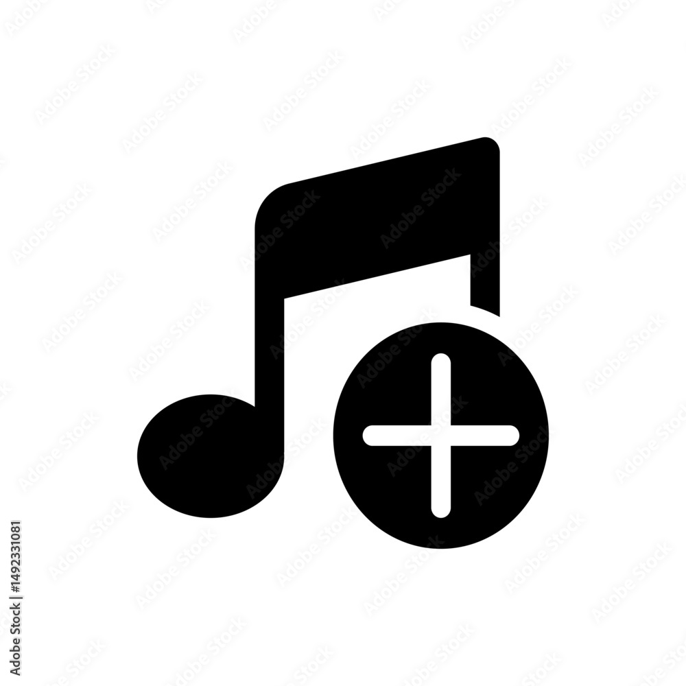 Poster black music note icon with a plus sign inside a circle indicating adding music on a white background