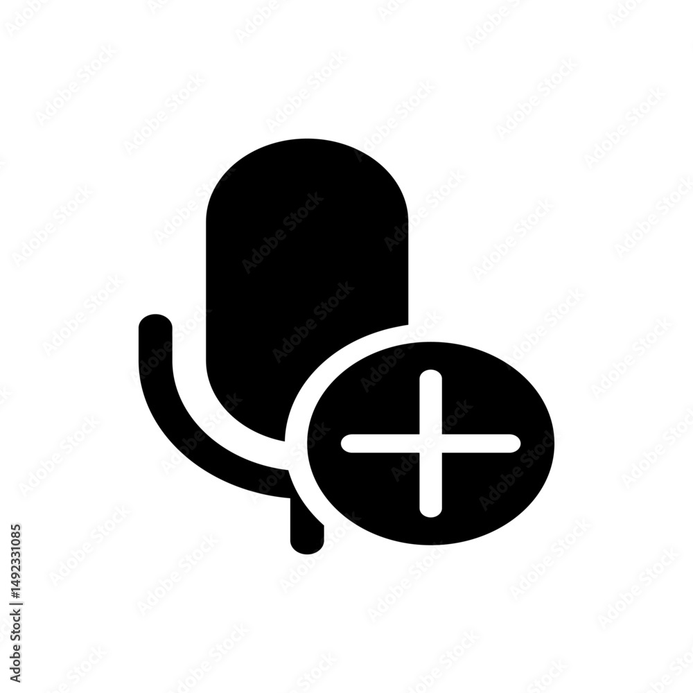 Poster icon showing a microphone with a plus sign indicating an add microphone functionality in black color