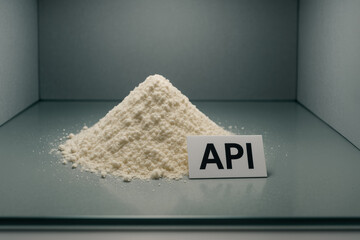 Active pharmaceutical ingredient powder is displayed as white fine substance representing core component in drug manufacturing