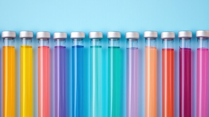 Colorful Test Tubes with Liquid Samples in Scientific Lab on Blue Background for Chemistry Experiment Concepts