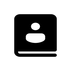 A black and white icon of a contact book with a person silhouette on the cover in a square format