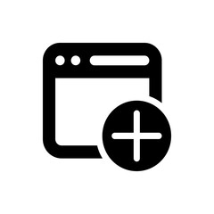 Fototapeta premium A black and white icon depicting a browser window with a plus sign overlay suggesting a new tab action