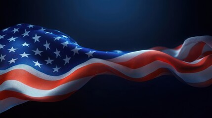 Close-up of a waving red, white, and blue flag with stars and stripes on a dark background, conveying movement and patriotism