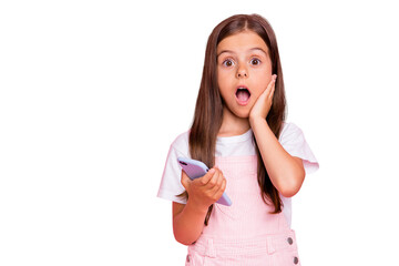 Closeup photo of little lady hands hold telephone bad news watch date holidays over wear overall isolated pink background