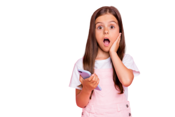 Closeup photo of little lady hands hold telephone bad news watch date holidays over wear overall isolated pink background