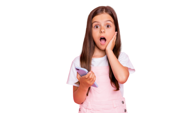 Closeup photo of little lady hands hold telephone bad news watch date holidays over wear overall isolated pink background