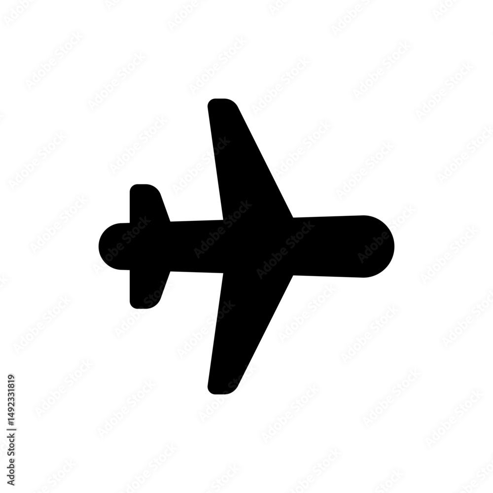 Poster a simple black airplane icon with wings and tail fin viewed from above on a white background design 