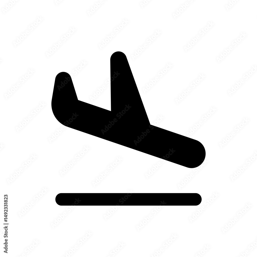 Poster black airplane icon representing an aircraft landing with a runway in a simple vector image style