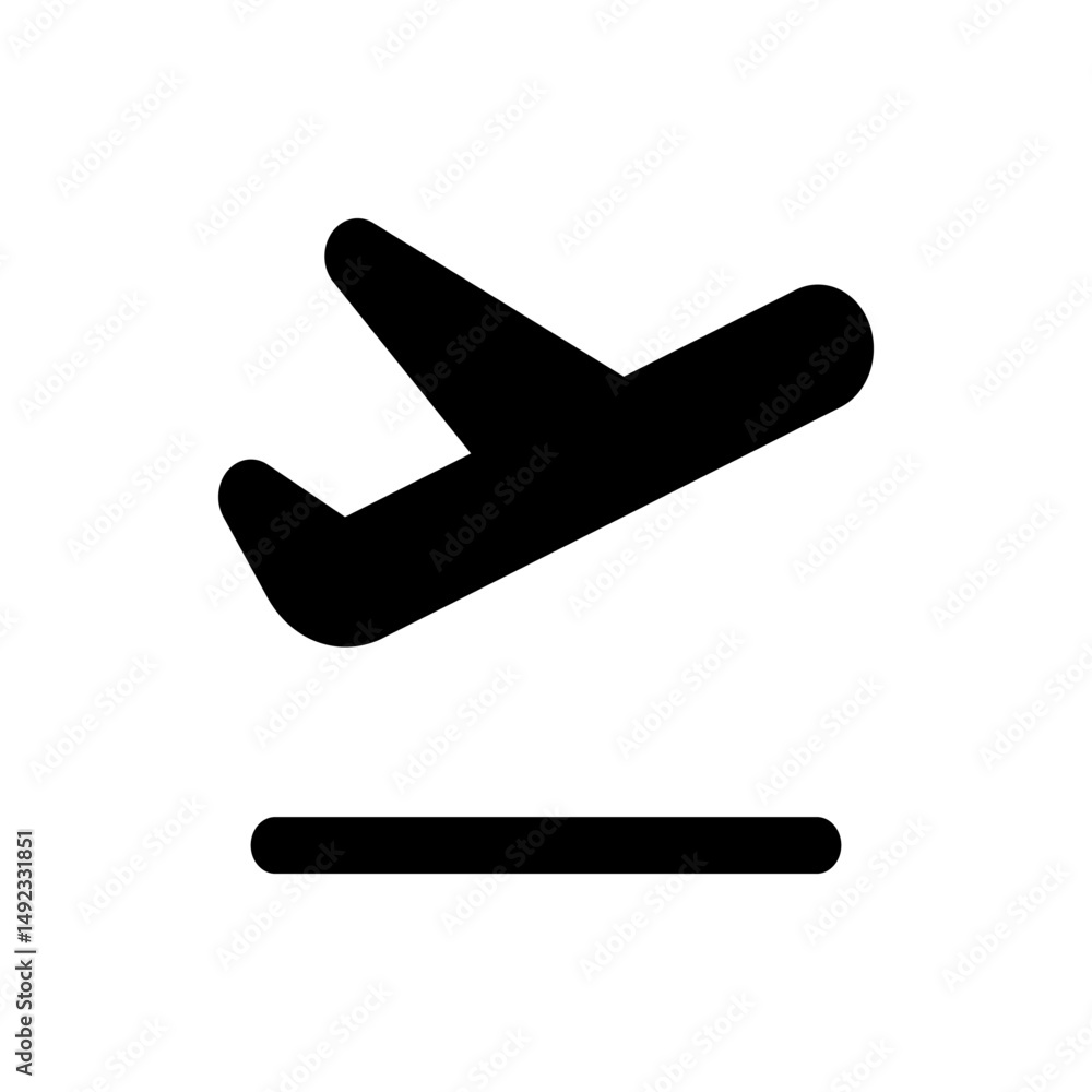 Poster black silhouette of an airplane taking off from a runway with a white background in a simple design 