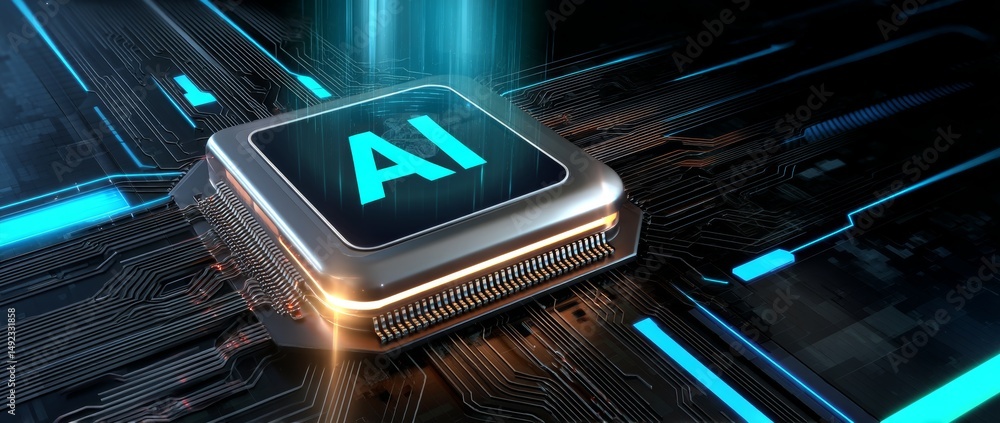 Poster futuristic ai chip with glowing circuit lines and holographic display