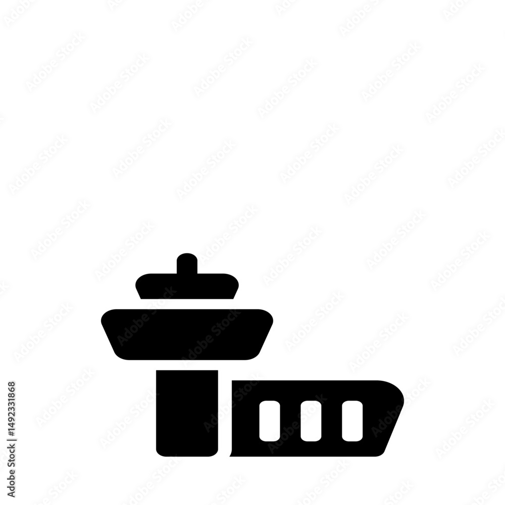 Poster a simple black silhouette of an airport control tower and terminal building on a white background vi