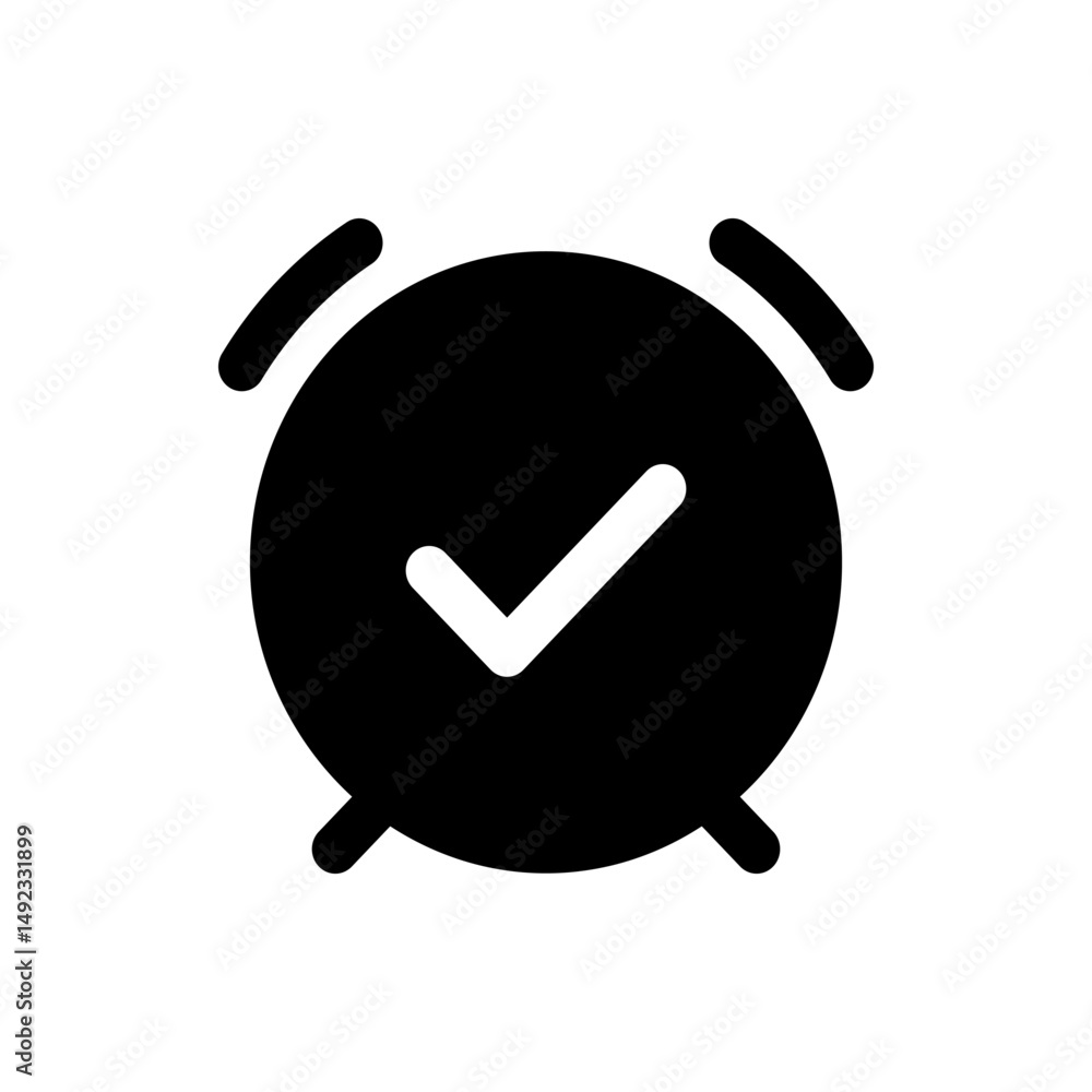 Poster black alarm clock with check mark in the center and two curved lines on top indicating ringing time