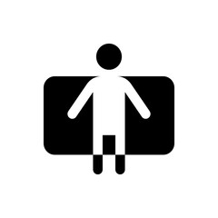 Silhouette of a person standing in front of a black rectangle with rounded corners and a white background