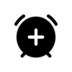 Illustration of a black alarm clock with ringer and a white plus sign in the center of the clock face