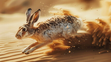 mystical desert hare leaping over sand dunes