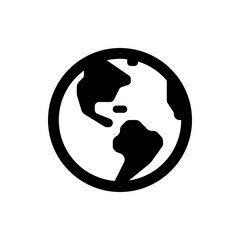 A simple black and white illustration of a globe with continents inside a circular outline shape design
