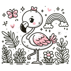 Flamingo vector, pink standing bird design, cartoon exotic animal character, tropical wildlife flat illustration for nursery decor, summer theme pattern, beach background, kids art print for home