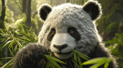 giant panda peacefully eating bamboo in quiet forest clearing