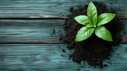  Vibrant basil sprout on rustic wood, evoking growth and earthy freshness