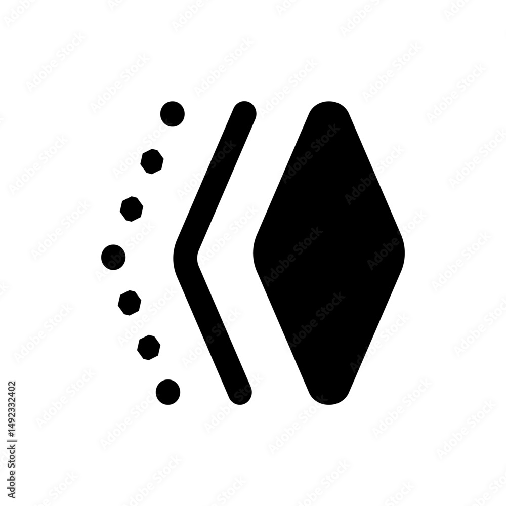 Poster black diamond shape next to an angled line and a series of black dots on a white background image