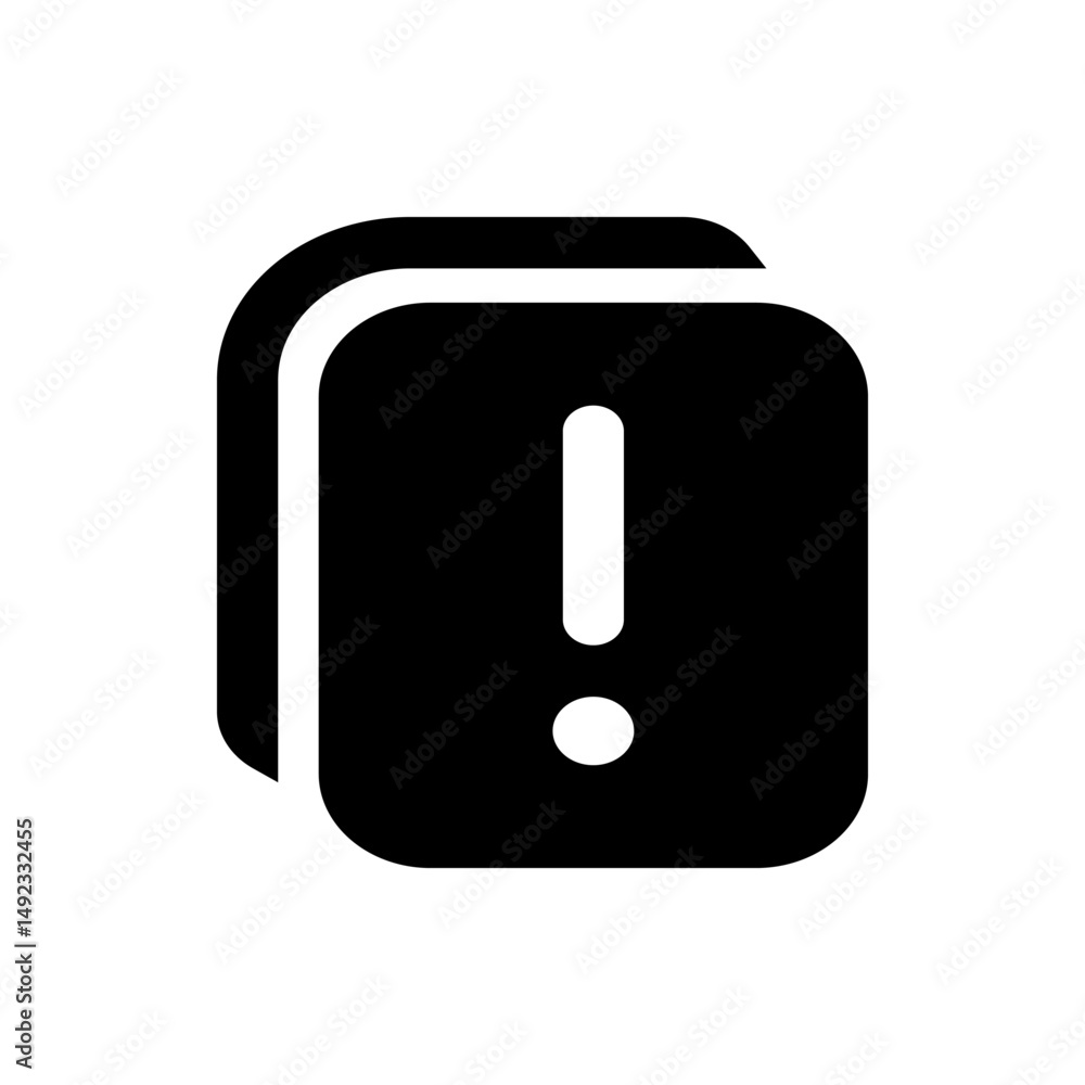 Poster two overlapping black rectangles with rounded corners and an exclamation point on the front one are 