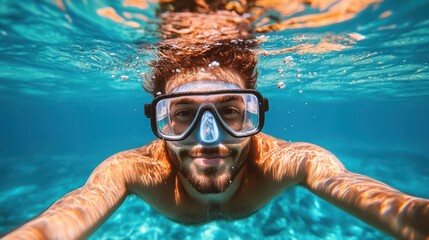 Fototapeta premium Underwater man snorkeling, ocean selfie, clear water, sunny day, travel