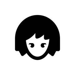 Illustration of a simple stylized face with dark hair and round eyes in a minimalist black and white design