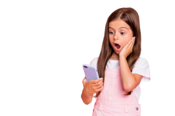 Closeup photo of little lady hands hold telephone bad news watch date holidays over wear overall isolated pink background