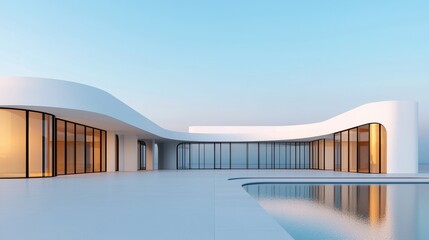 Fototapeta premium Modern Minimalist Architecture with Curved Lines and Expansive Windows Surrounding a Tranquil Pool Area