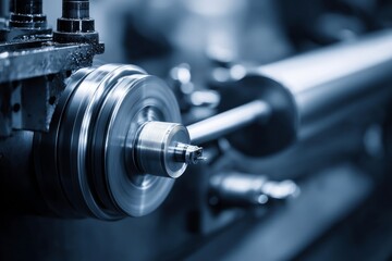 Fototapeta premium The operation of the metal spinning machine is depicted in a scene with a light blue hue and lighting effects
