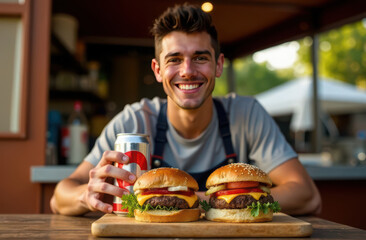 Smiling young man enjoying delicious burgers and refreshing drink outdoors. Food Street Truck