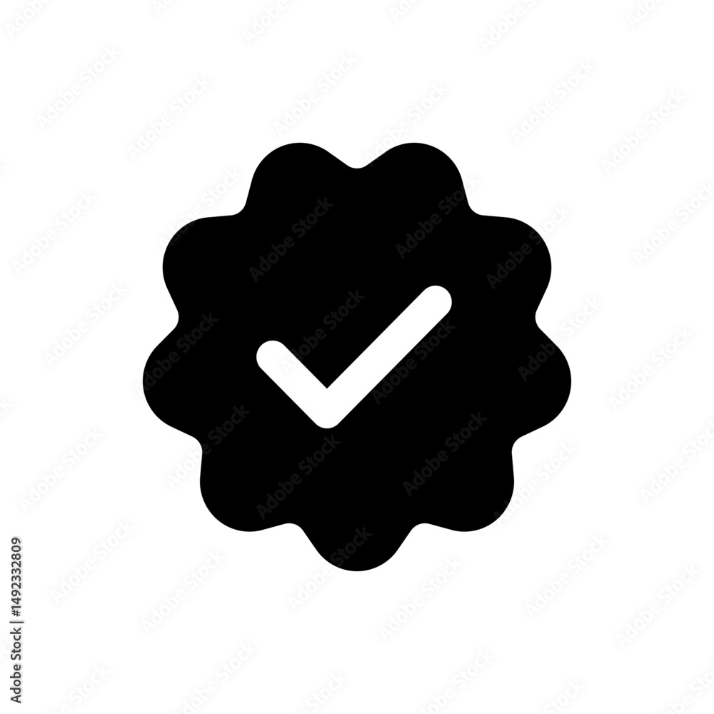 Poster black scalloped shape with a white check mark inside indicating verification or a completed task sho