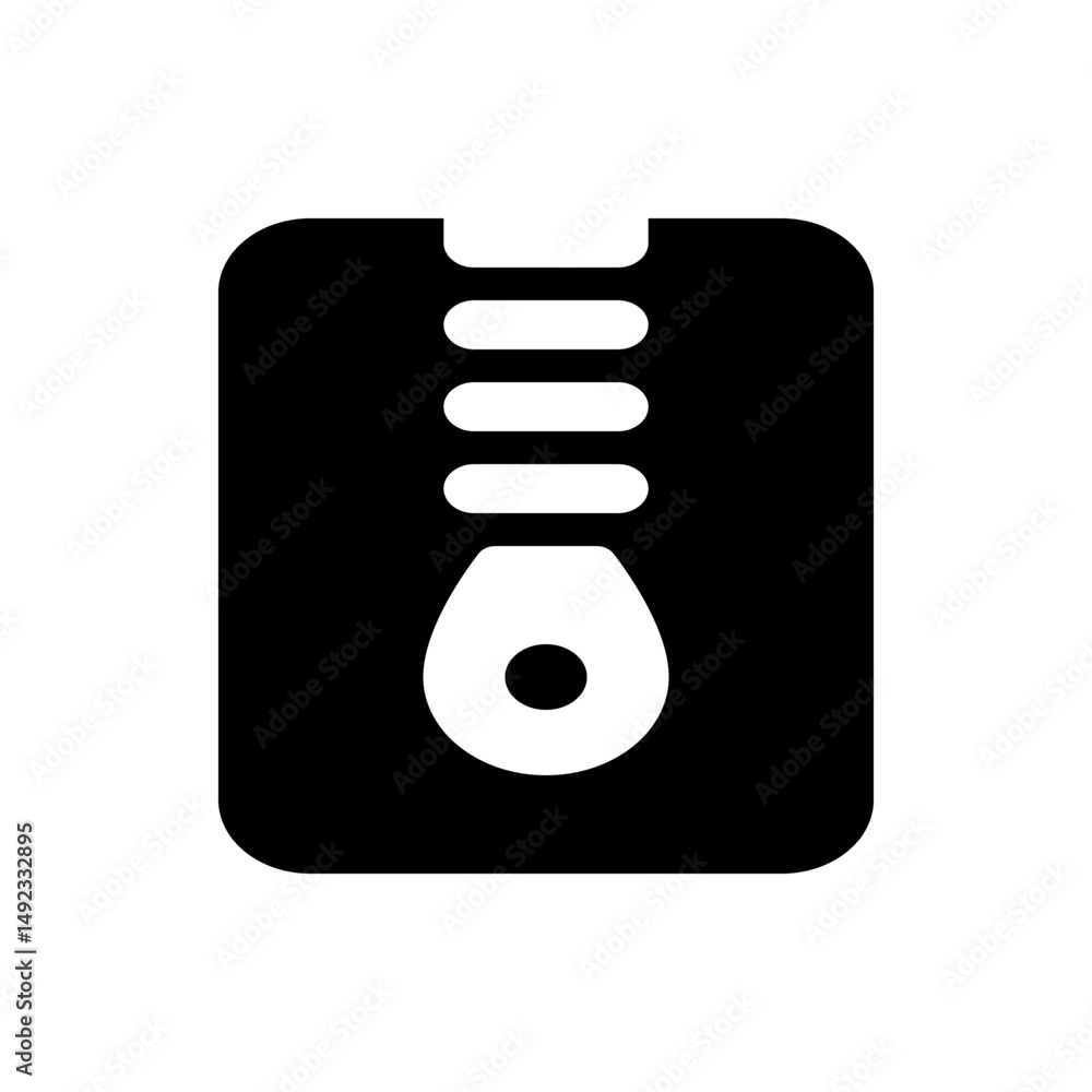 Poster illustration of a black and white zipper with a teardrop pull on a rounded rectangular background
