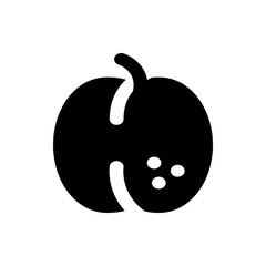 Illustration of a single black peach with a stem and a vertical line with three dots on the right side