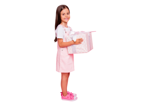 Full length photo of little funny lady hands hold large giftbox christmas holidays weekend wear sun dress isolated pink background