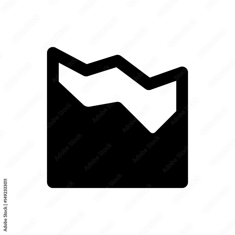 Poster black and white illustration of a descending line graph with a solid black base and zig zag pattern