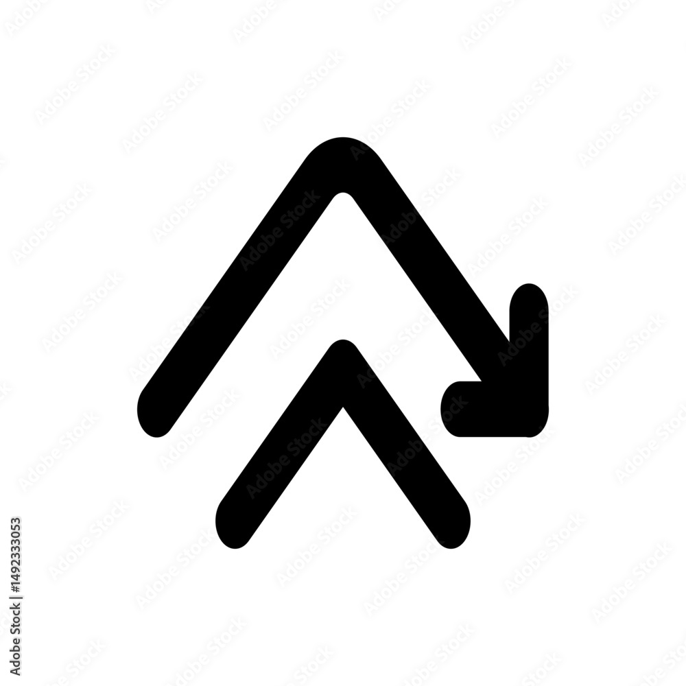 Poster two upward pointing chevron shapes with a curved arrow pointing to the right on a white background