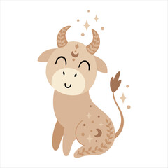 Fototapeta premium Taurus Zodiac sign clipart in boho style - whimsical horoscope design for kids. Celestial hand drawn vector illustration in cartoon flat style.