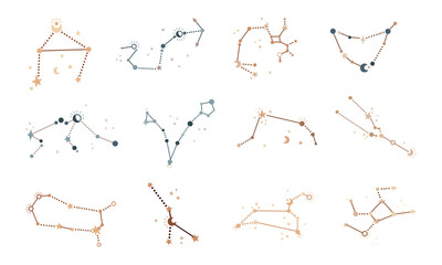 Boho Zodiac Constellations clipart set in soft pastel colors. Celestial astrology vector hand drawn illustrations