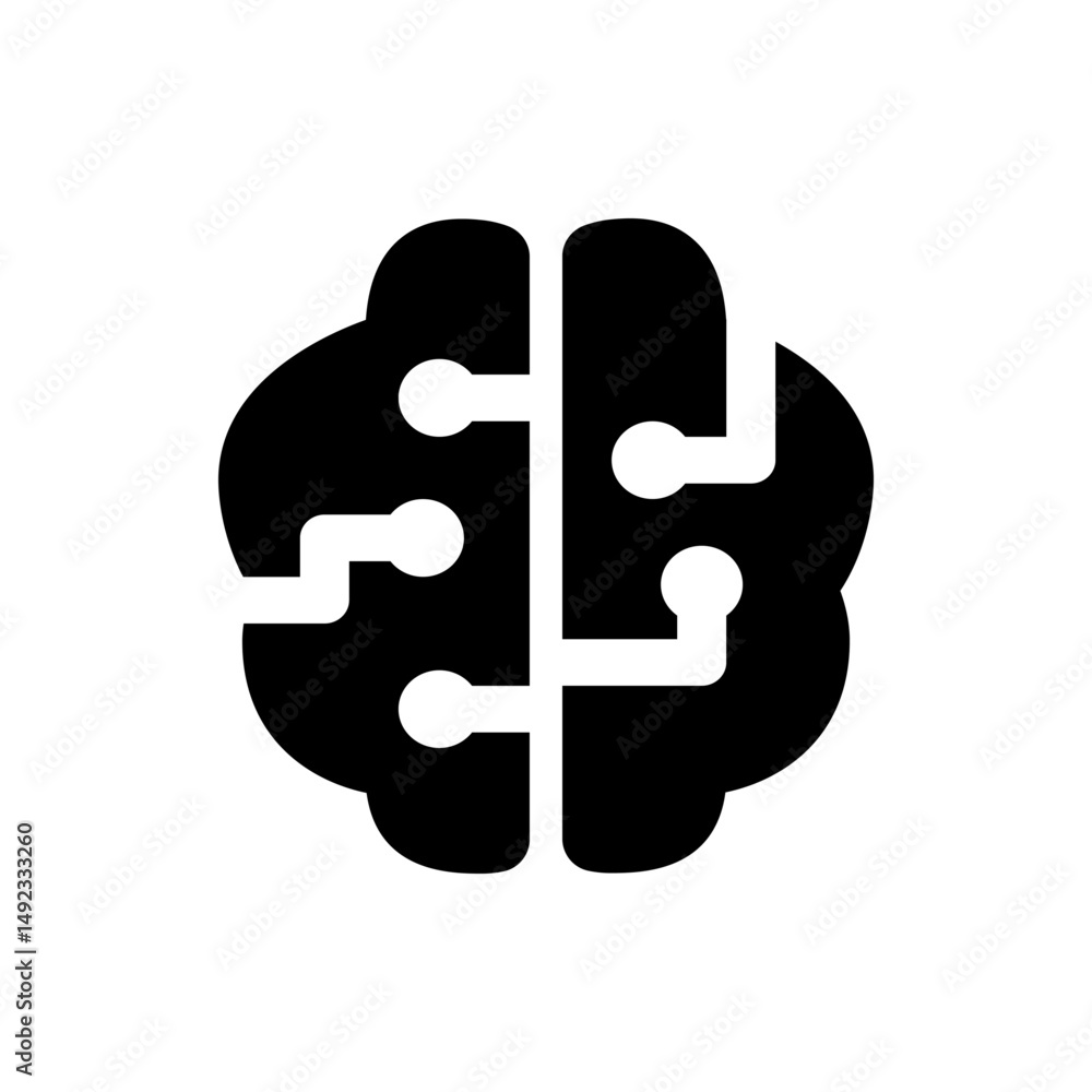 Poster stylized brain icon depicting artificial intelligence with circuit board connections in black and wh