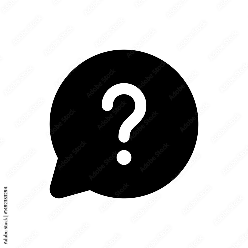 Poster black speech bubble with a white question mark inside it indicating a query or uncertain information