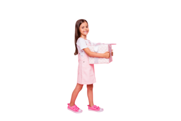 Full length profile photo of little lady hands hold giftbox holidays guest going have fun wear sun dress isolated pink background
