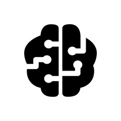 Stylized brain icon depicting artificial intelligence with circuit board connections in black and white color scheme