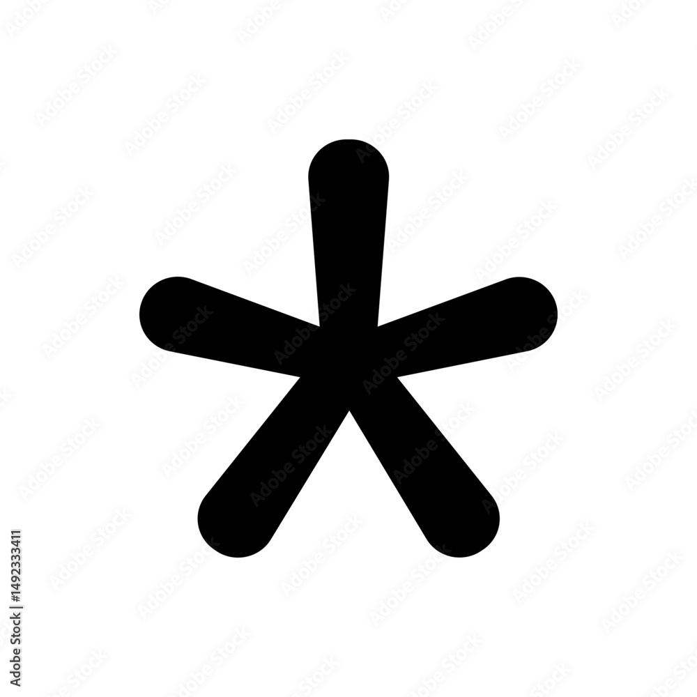 Poster illustration of a simple black asterisk symbol with five rounded arms on a plain white background de