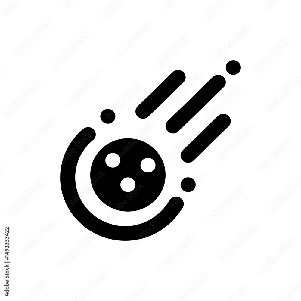 Poster stylized black and white icon of a meteor with a circular body and trailing lines and dots design