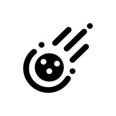 Stylized black and white icon of a meteor with a circular body and trailing lines and dots design