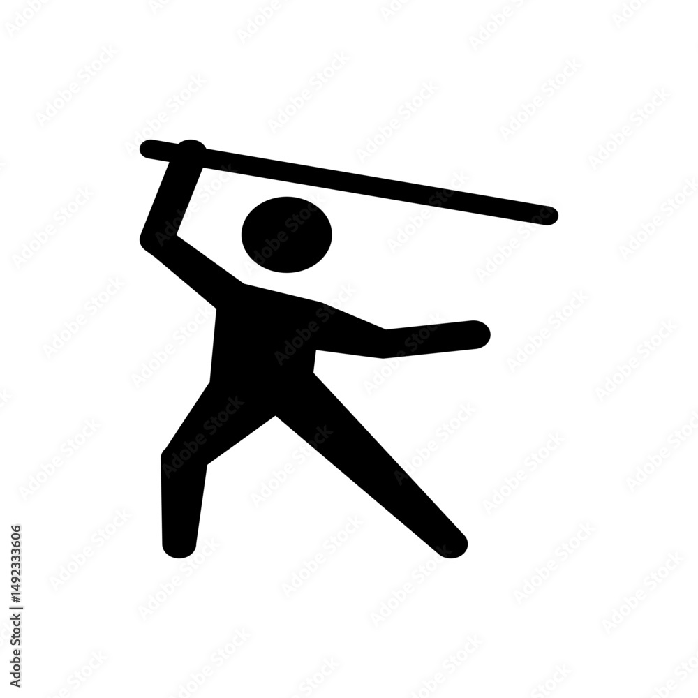 Poster silhouette of a person wielding a long object above their head in a dynamic pose in black color sche