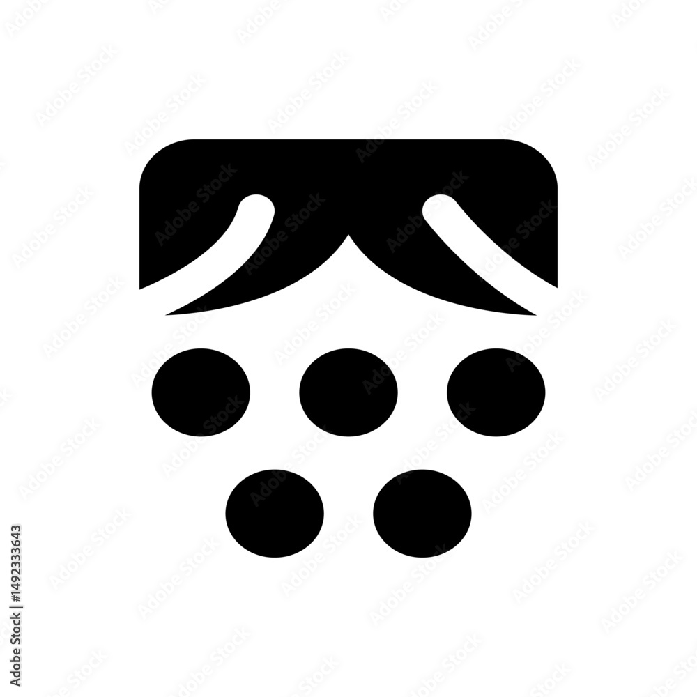 Poster illustration of a stylized roof like structure above five circular shapes arranged in two rows in bl