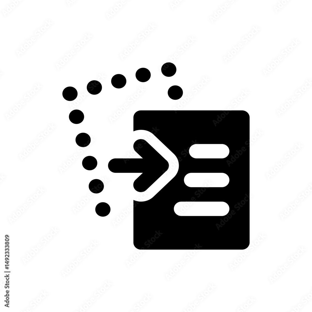 Poster black arrow pointing into a document with three lines and a dotted line leading to the arrow end poi